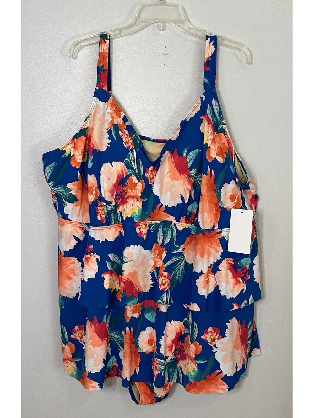 NWTS Swimsuits For All Blue Floral Tropical Print Slimming Swim Dress Size 32.